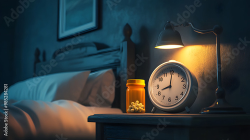 Insomnia concept with white alarm clock and medicine overnight photo