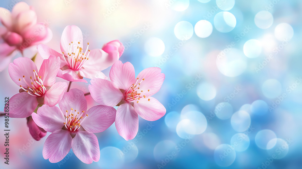 Spring Cherry Blossoms Against Sunny Garden Background with Blue and White Bokeh Spring Cherry Blossoms Against Sunny Garden Background with Blue and White Bokeh