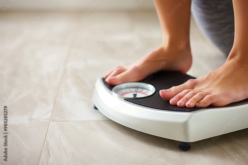 Fototapeta premium Woman standing on floor with scales in background. Close-up of female measuring weight with on scale. Healthy lifestyle, weight control, calorie management, fitness, physical exercise for young