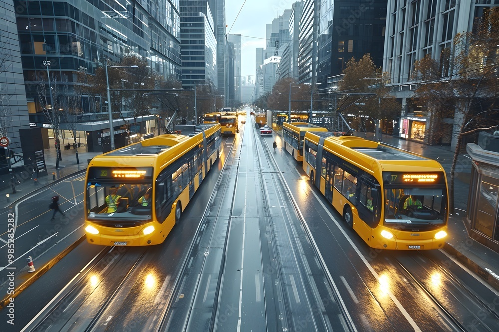 Fototapeta premium Cityscape with buses and trams.