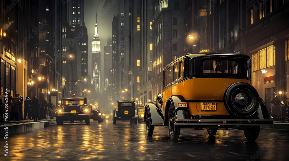 Fototapeta premium Vintage Cars on a City Street at Night - 3D Illustration