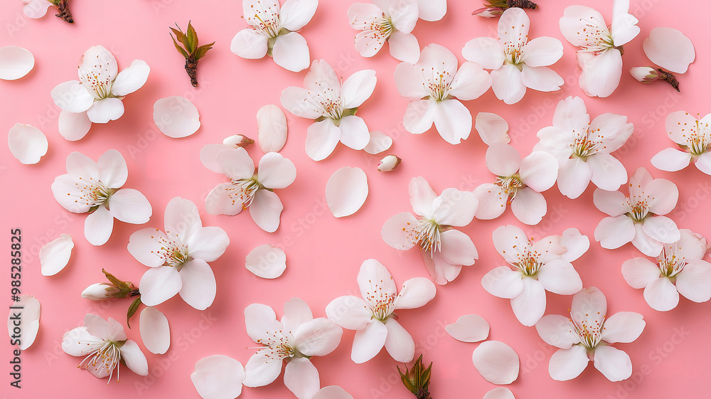 Flat-Lay of White Almond Blossoms and Petals on Pink for Spring Wallpaper Flat-Lay of White Almond Blossoms and Petals on Pink for Spring Wallpaper