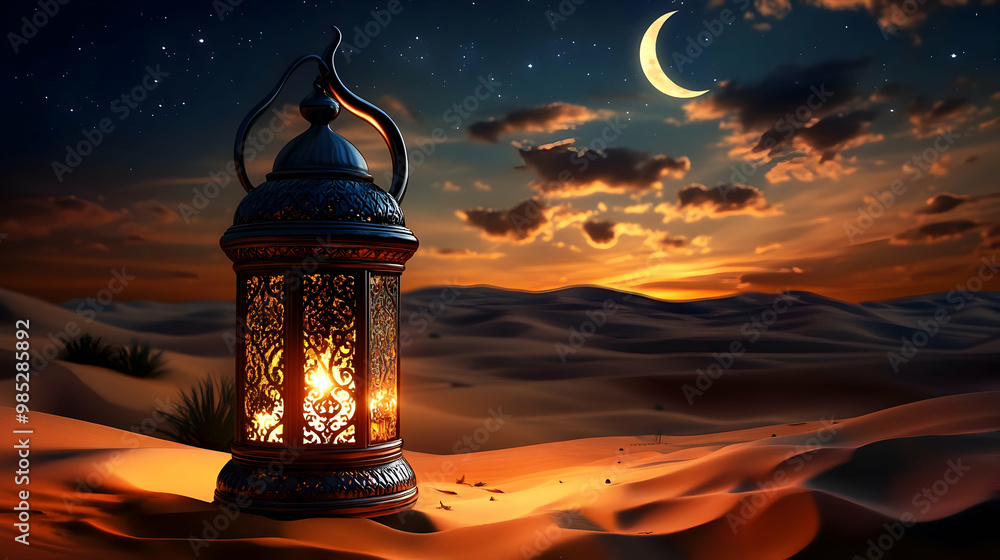 Ornate Lantern in Desert Sunset Landscape Illustration Ornate Lantern in Desert Sunset Landscape Illustration