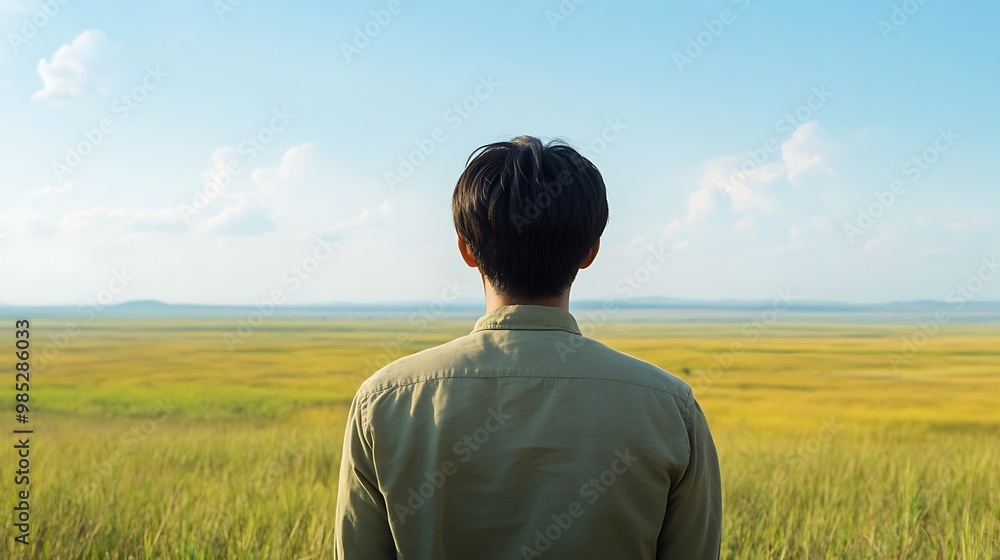 Man Gazing at a Vast Grassy Field Man Gazing at a Vast Grassy Field