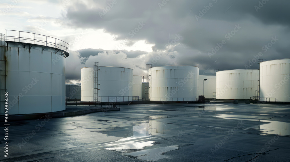 Modern industrial storage tanks at an oil company site, wet asphalt surface, grey sky, evening light. Modern industrial storage tanks at an oil company site, wet asphalt surface, grey sky, evening light.