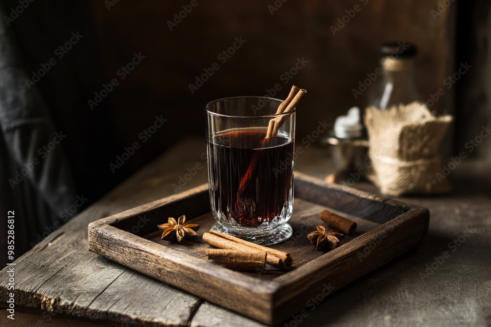 Warm Mulled Wine with Cinnamon Sticks and Star Anise on Wooden Tray Warm Mulled Wine with Cinnamon Sticks and Star Anise on Wooden Tray