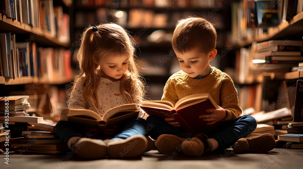 Children Reading Books In Library - Illustration Children Reading Books In Library - Illustration