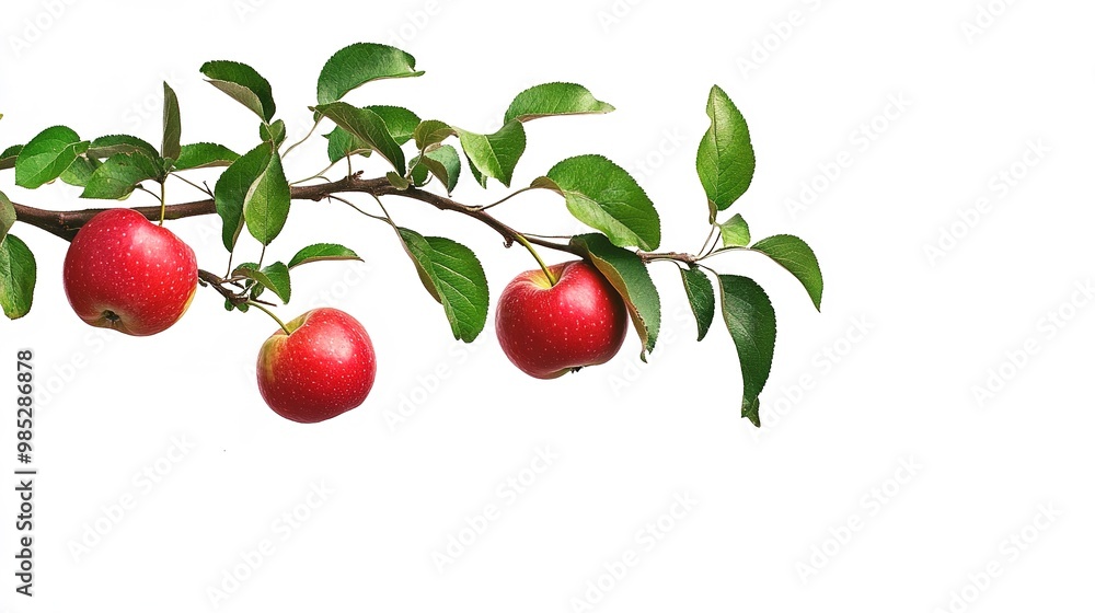 Obraz premium A vivid apple tree branch with fresh, colorful apples and vibrant green leaves. Close-up of a healthy apple branch showing the rich hues of the fruit and foliage. 