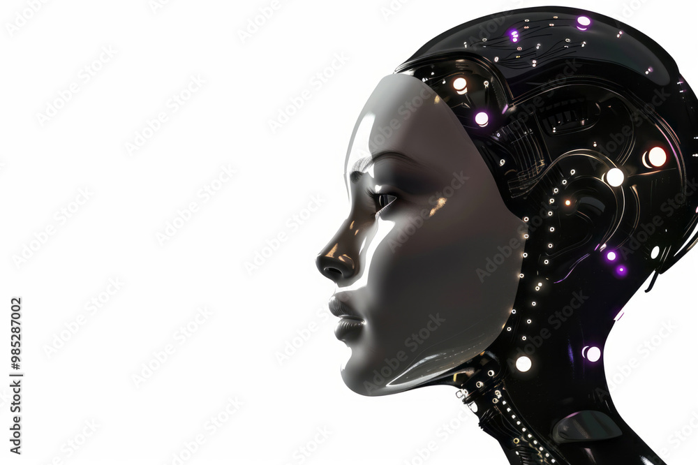 Side view of an AI robot woman's head and shoulders, looking slightly down to one side, on a white background. Side view of an AI robot woman's head and shoulders, looking slightly down to one side, on a white background.