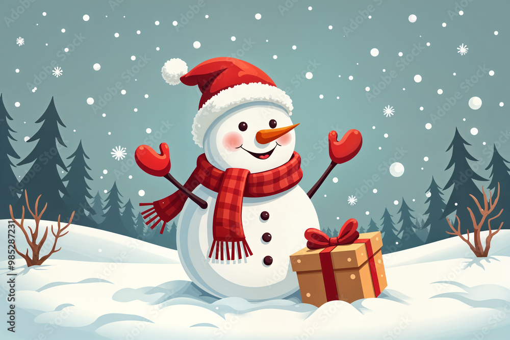 Cartoon depiction of a snowman standing on a snowy surface, with gift box on snow. Cartoon depiction of a snowman standing on a snowy surface, with gift box on snow.