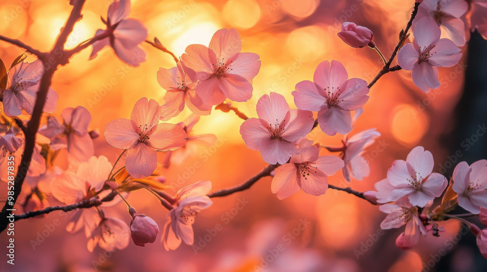 A close-up of sakura branches against a sunset sky, with the soft pink petals glowing in the warm light. A close-up of sakura branches against a sunset sky, with the soft pink petals glowing in the warm light.