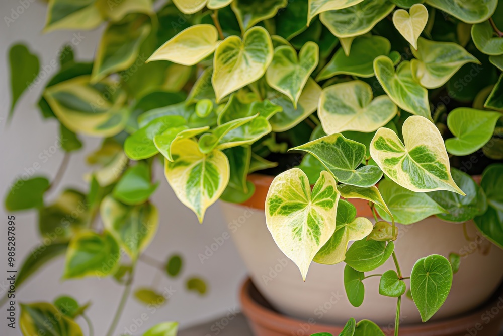 Close-up of Epipremnum aureum houseplant in pot, devil vine devil ivy. Green leafy foliage, indoor decorative plant on wall shelf. Home decoration, growth, botany, indoor plant, foliage, leafy, Close-up of Epipremnum aureum houseplant in pot, devil vine devil ivy. Green leafy foliage, indoor decorative plant on wall shelf. Home decoration, growth, botany, indoor plant, foliage, leafy,
