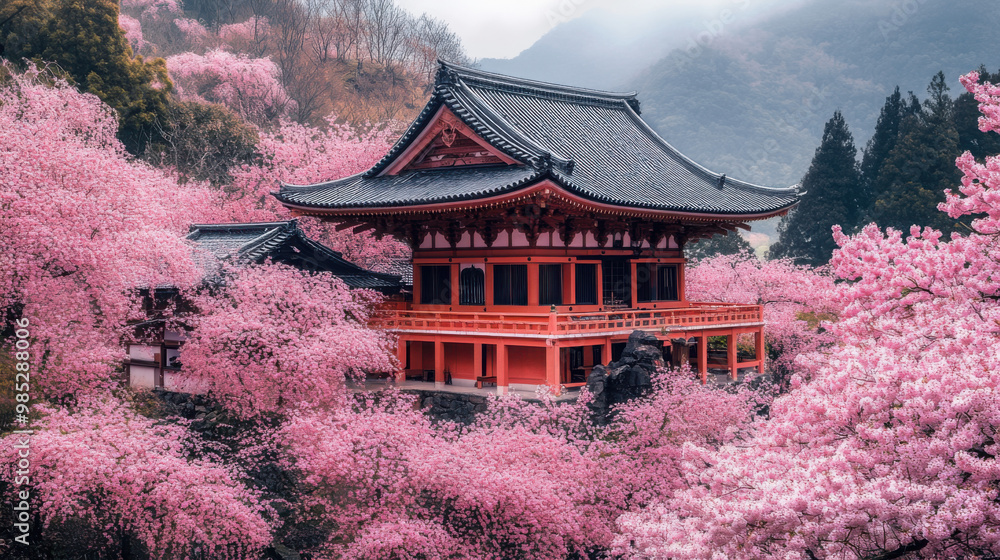 A traditional Japanese temple nestled among sakura trees in full bloom, with pink petals carpeting the ground. A traditional Japanese temple nestled among sakura trees in full bloom, with pink petals carpeting the ground.