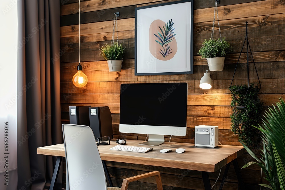 Stylish home office design with computer and wooden wall. Comfortable workspace with desk, chair, monitor, and decorative cabinet. Modern furniture and plant add to the trendy atmosphere. Stylish home office design with computer and wooden wall. Comfortable workspace with desk, chair, monitor, and decorative cabinet. Modern furniture and plant add to the trendy atmosphere.