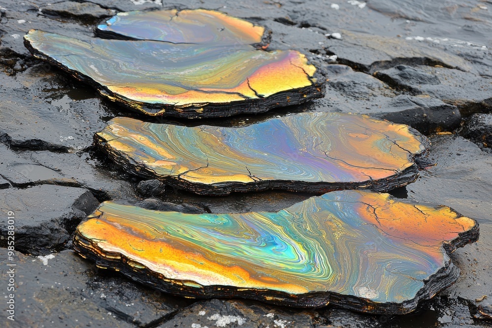 Fototapeta premium Colorful oil slick on puddle with reflections