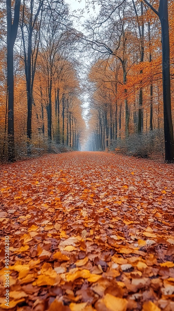 A path through a forest in autumn with fallen leaves. A path through a forest in autumn with fallen leaves.