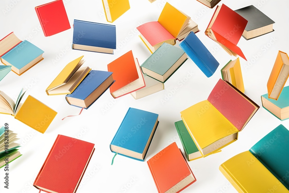 Stack of colorful hardcover books flying in mid-air on white background. Old, worn, antique books with interesting covers, titles. Fiction, non-fiction, science textbooks are scattered across frame. Stack of colorful hardcover books flying in mid-air on white background. Old, worn, antique books with interesting covers, titles. Fiction, non-fiction, science textbooks are scattered across frame.