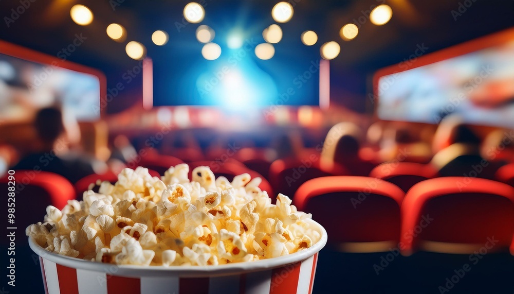 A large bucket of popcorn in a cinema with a blurred background A large bucket of popcorn in a cinema with a blurred background