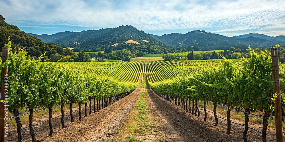 Fototapeta premium A picturesque view of rows of grapevines, with mountains in the background.