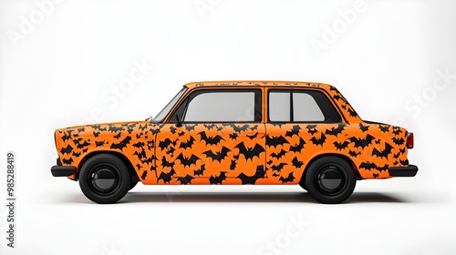 Halloween Car Mockup with Bats and Witch Designs in Orange and Black photo