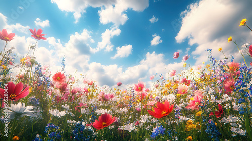 Panoramablick auf eine blühende Blumenwiese in hoher Auflösung photo