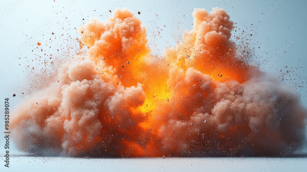 A dramatic explosion with orange smoke and debris dispersing. A dramatic explosion with orange smoke and debris dispersing.