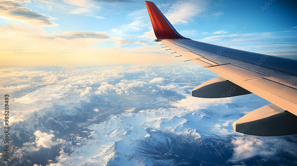 Fototapeta premium Airplane Wing Over Snowy Mountain Landscape Photo