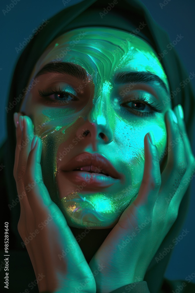Arabic model woman wearing green face mask applies beauty cream in dark studio. Close-up portrait of person with hands on cheeks. Green facial mask stands out against gray background. Arabic model woman wearing green face mask applies beauty cream in dark studio. Close-up portrait of person with hands on cheeks. Green facial mask stands out against gray background.