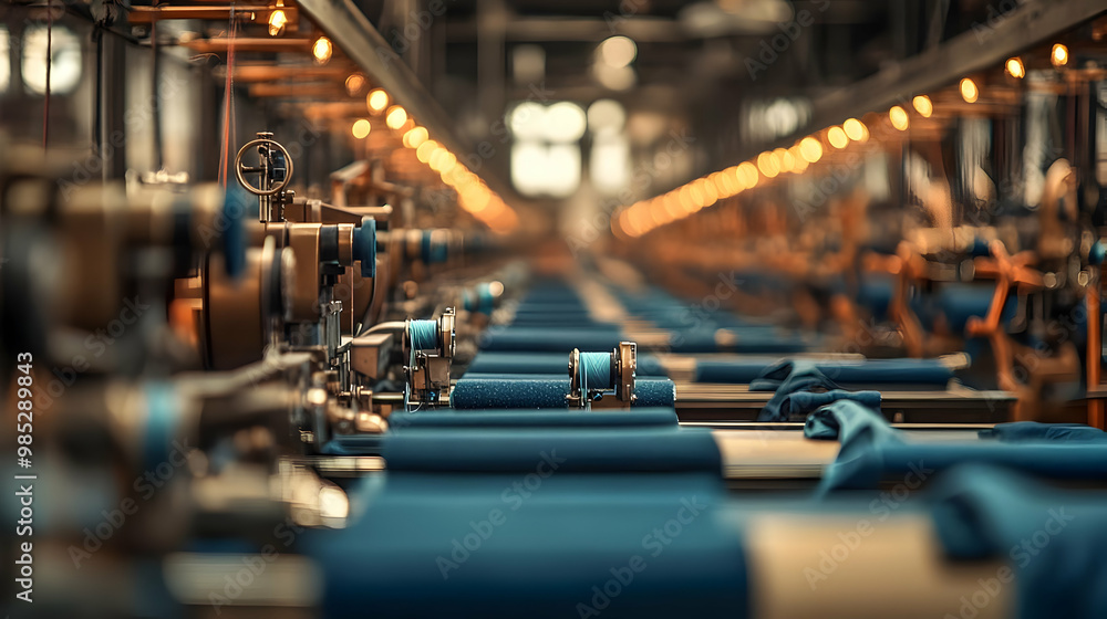 Obraz premium Industrial Machine Row with Blue Fabric - Realistic Image
