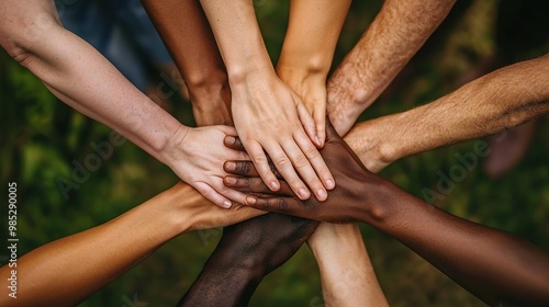 Diverse hands clasped together in unity, representing teamwork, collaboration, and inclusion.