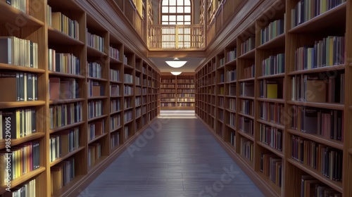 A serene library interior with wooden shelves filled with books and natural light.