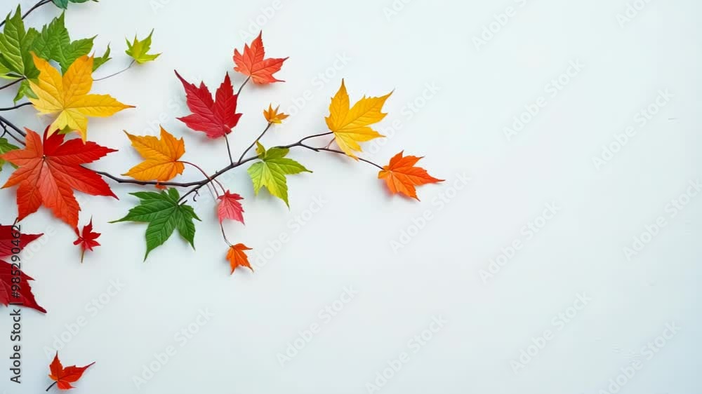 Vibrant autumn leaves scattered on textured white surface. Rich reds, oranges, yellows, and greens create striking contrast. Leaves appear fresh and crisp, suggesting recent fall.