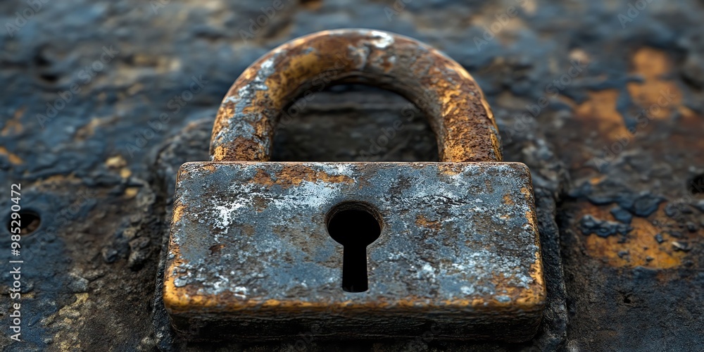 A rusty padlock sits on a weathered metal surface. A rusty padlock sits on a weathered metal surface.
