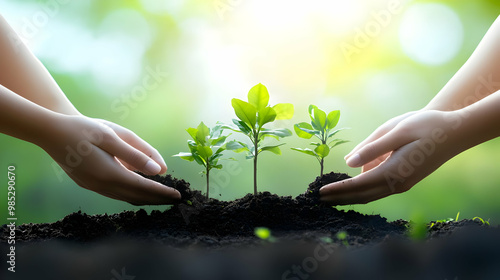 Hands Planting Saplings in ...
