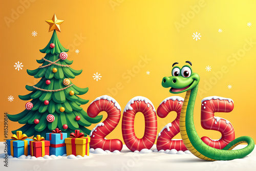 Vibrant Christmas scene with a green snake and a number 2025, standing next to a small Christmas tree adorned with colorful ornaments and presents.