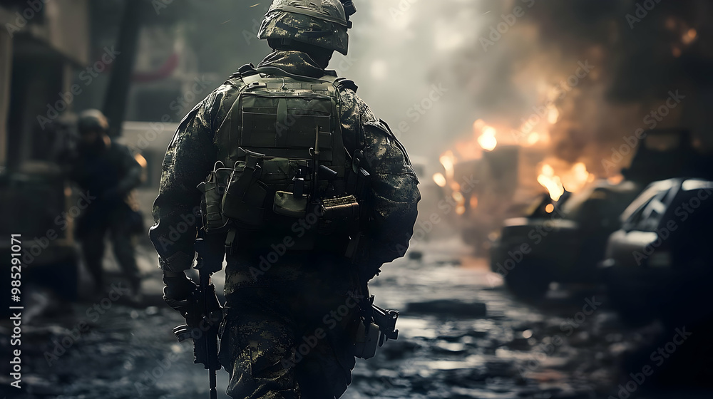Soldier Walking Through Warzone - Realistic Image Soldier Walking Through Warzone - Realistic Image