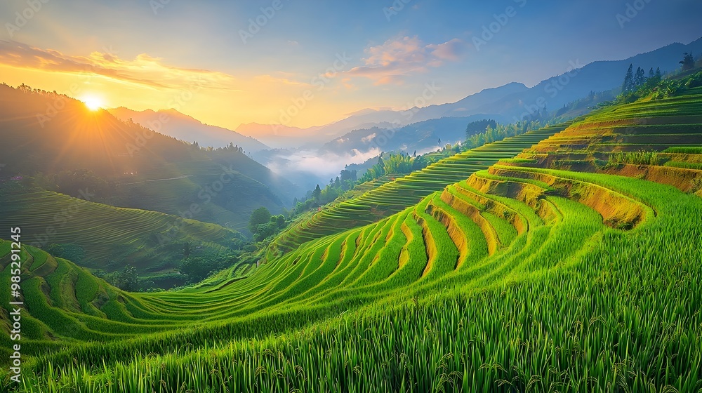 Vibrant Green Rice Terrace Landscape at Breathtaking Sunrise with Mist Vibrant Green Rice Terrace Landscape at Breathtaking Sunrise with Mist