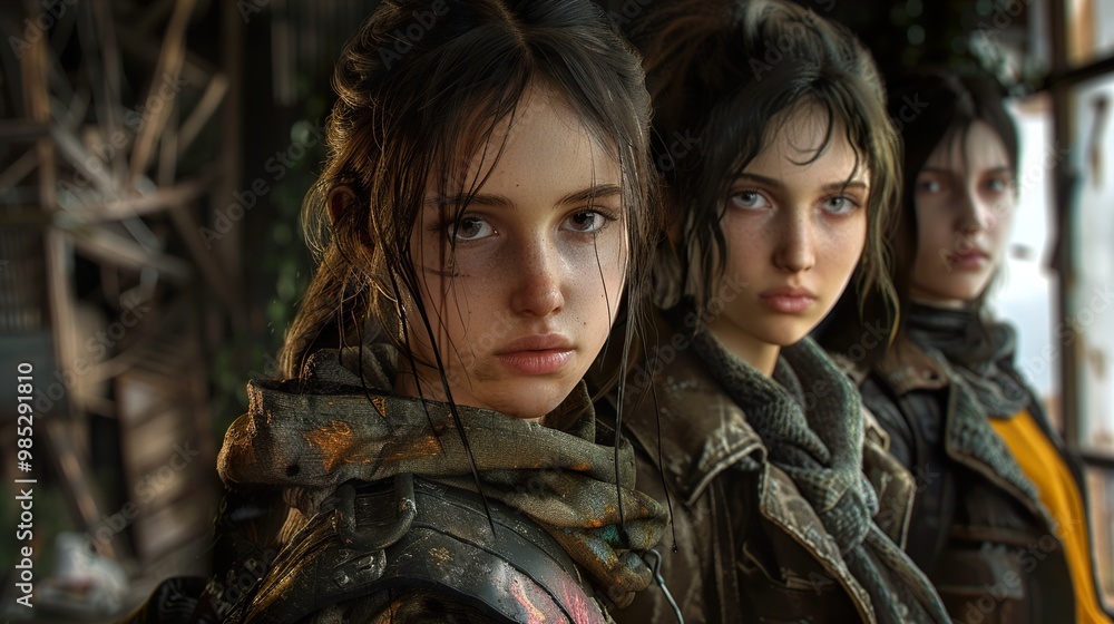 Fototapeta premium Three Young Women in a Post-Apocalyptic World