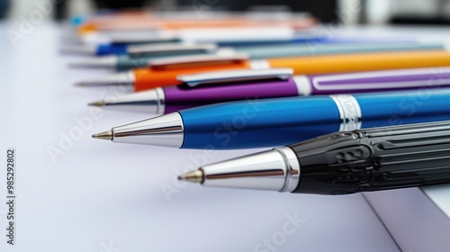 Close-up shot of colorful pens on white table. Various pens in blue, purple, pink, and other colors. Stationery set for education, school, and office use.