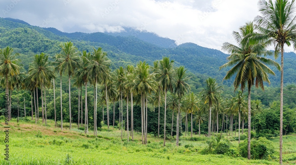 Lush green landscape with palm trees and mountains in the background under a cloudy sky. Lush green landscape with palm trees and mountains in the background under a cloudy sky.