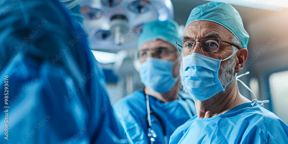 Surgeons in operating room wearing protective gear, Medical team performing complex surgery Surgeons in operating room wearing protective gear, Medical team performing complex surgery