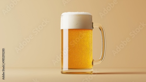 Cold beer in a glass mug on a light gradient background.