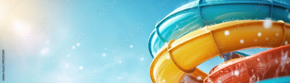 Colorful water slide against a bright blue sky in a sunny outdoor setting. Colorful water slide against a bright blue sky in a sunny outdoor setting.