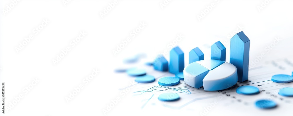 Data analysis with blue graphs, charts, and coins on white isolate background