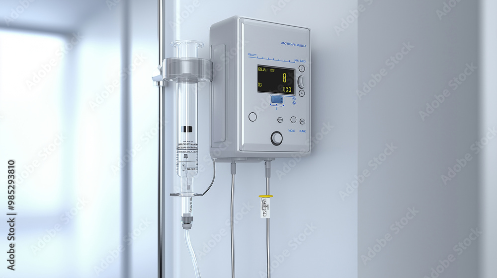 Infusion pump attached to an IV stand administering medication Infusion pump attached to an IV stand administering medication