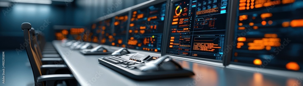 Futuristic control room with advanced screens and technology, dark ambiance. Futuristic control room with advanced screens and technology, dark ambiance.