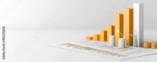 Financial growth chart with graphs and coins on a white isolated background.