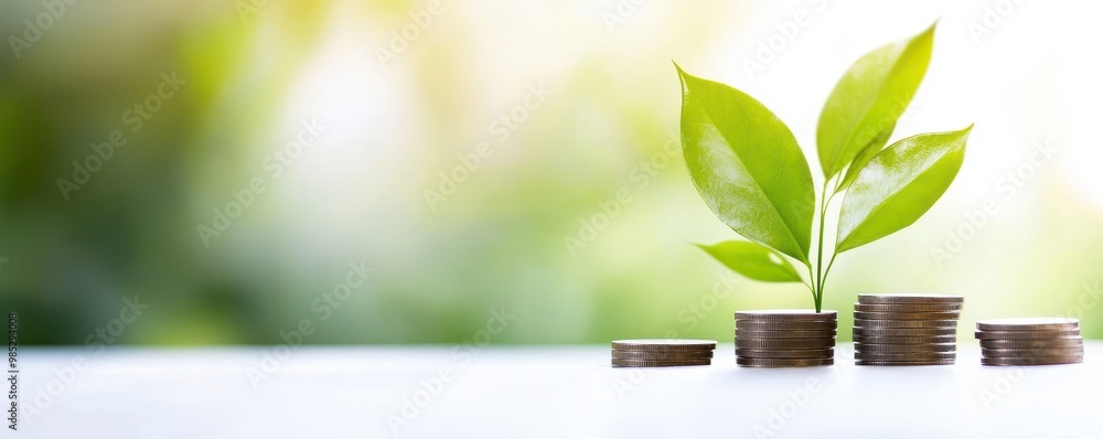Growth concept with coins and green leaves on a blurred background. Growth concept with coins and green leaves on a blurred background.