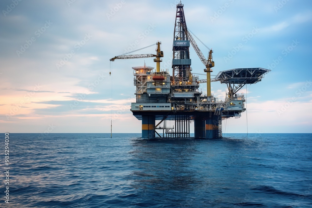 Offshore oil rig platform in calm sea water. Large machinery and equipment visible on the rig. Cranes and drills in operation. Azerbaijan energy industry on display. Offshore oil rig platform in calm sea water. Large machinery and equipment visible on the rig. Cranes and drills in operation. Azerbaijan energy industry on display.