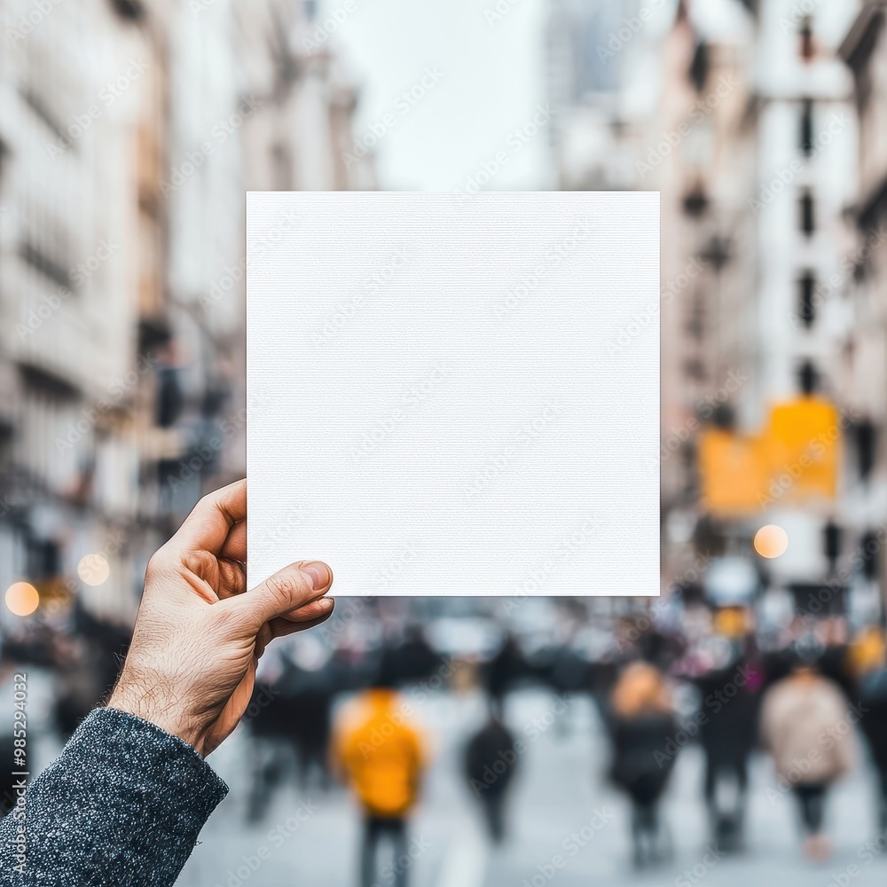 Hand holding a blank white sheet in a busy urban environment. Hand holding a blank white sheet in a busy urban environment.